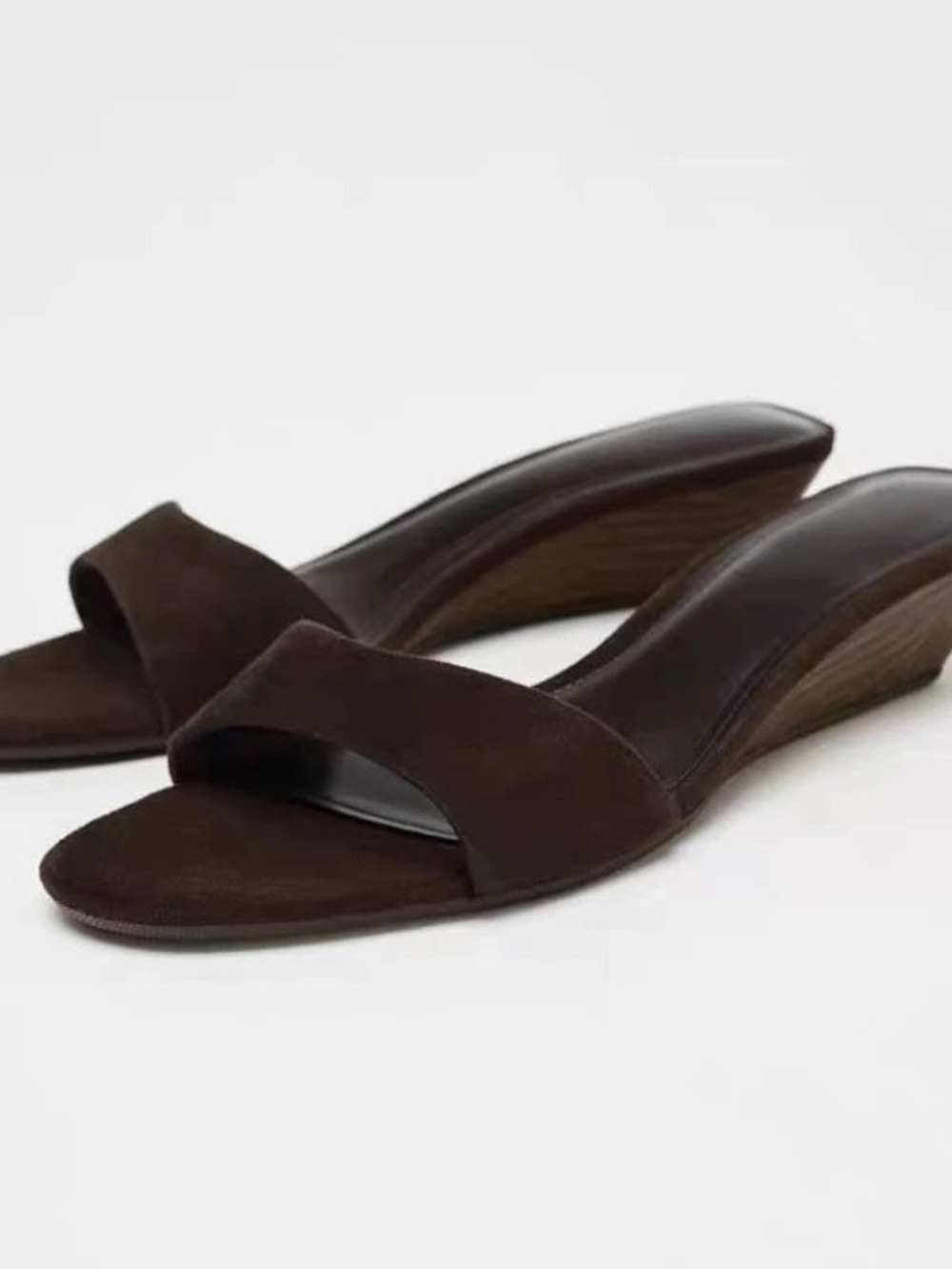 NEW Zara Dark Brown Suede Open-Toe Wedge Slides Sandals